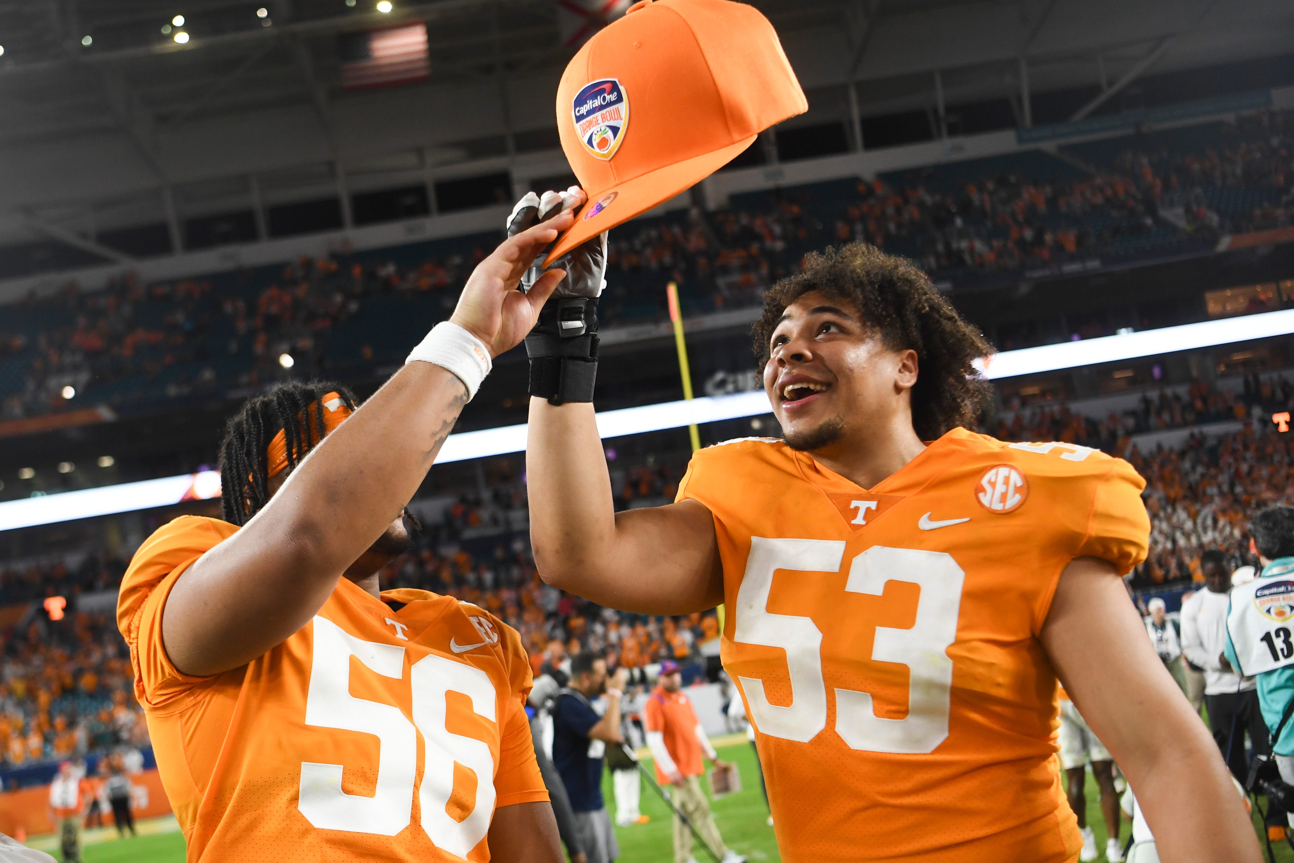 Tennessee Volunteers OL Jeremiah Crawford after the 2022 Orange Bowl victory. (Photo by Caitie McMekin of the News Sentinel)